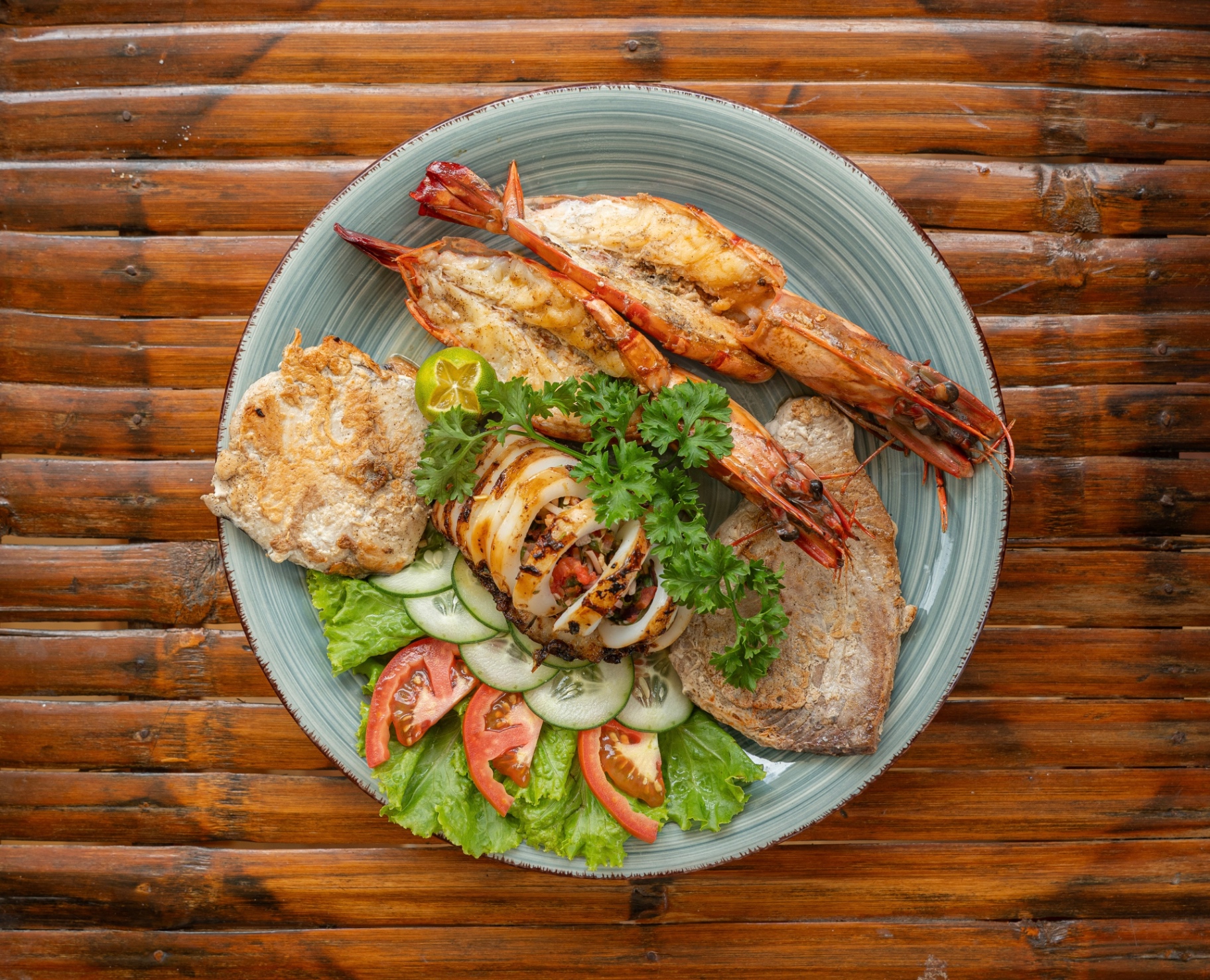 Grilled seafood platter with prawns, squid and fish at The Lounge